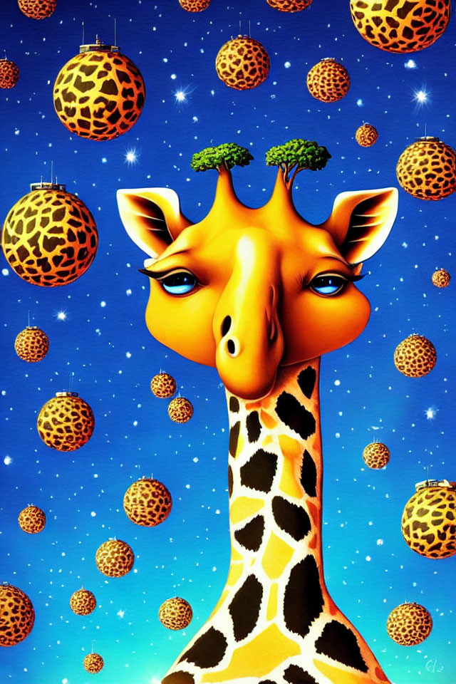 Vibrant giraffe illustration with long neck among planet spots in starry sky