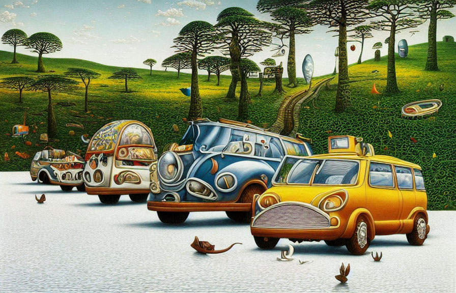 Whimsical anthropomorphic vehicles in vibrant landscape