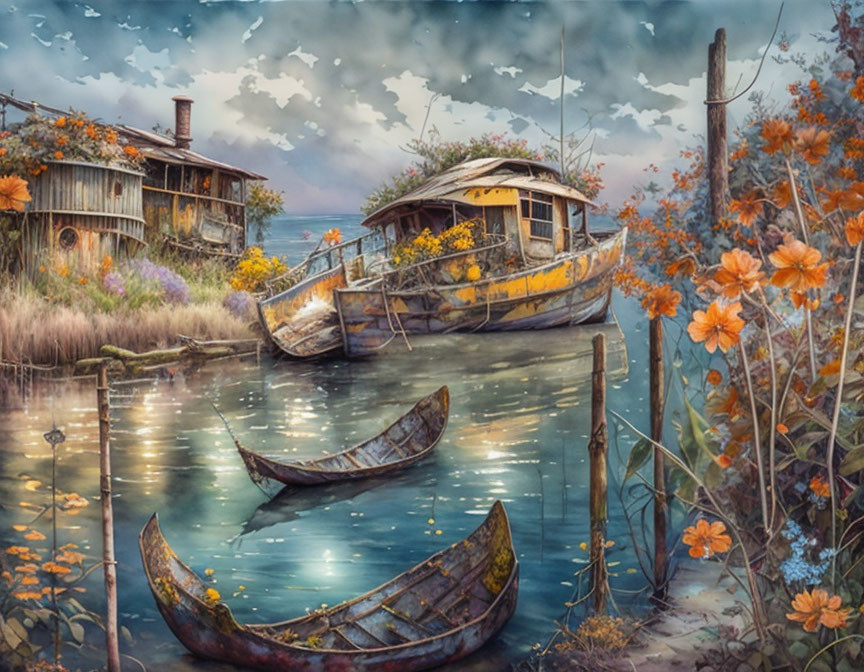 Tranquil lake scene with wooden huts, boats, and flowers