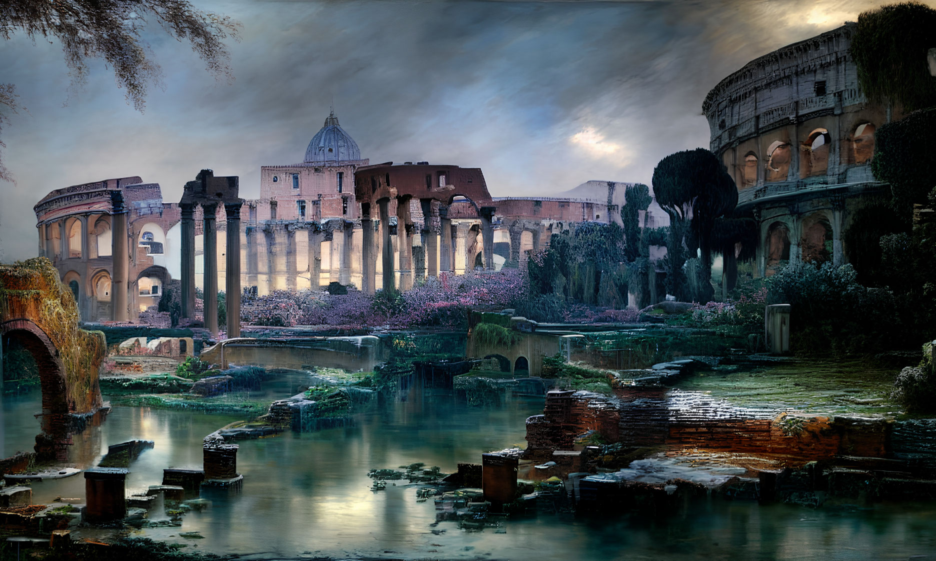 Composite Image: Roman Architecture with Sky and Water