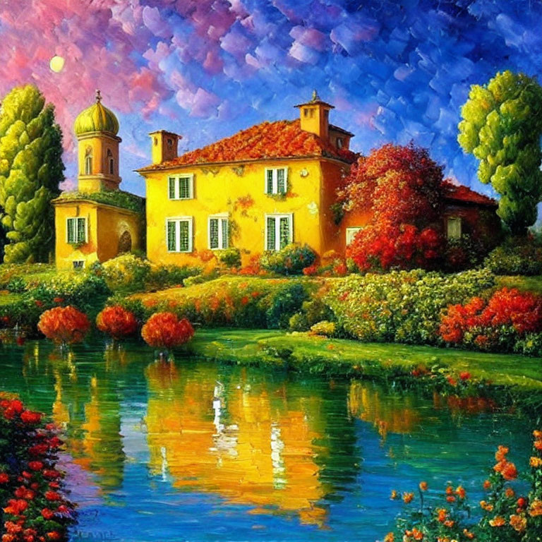 Colorful painting of house with yellow facade, gardens, and water reflection