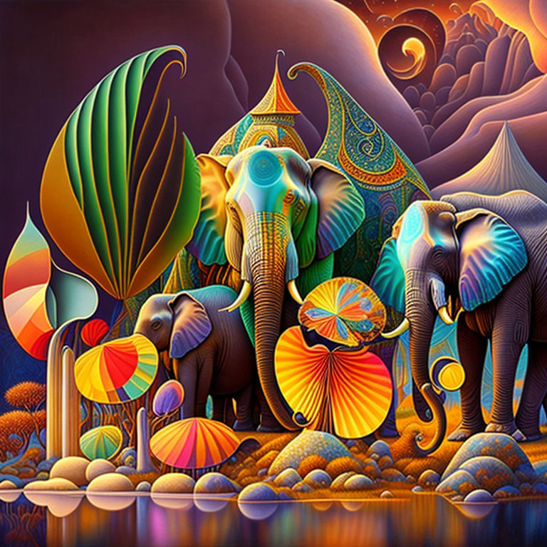 Vibrant Elephant Artwork with Patterned Skins and Whimsical Foliage