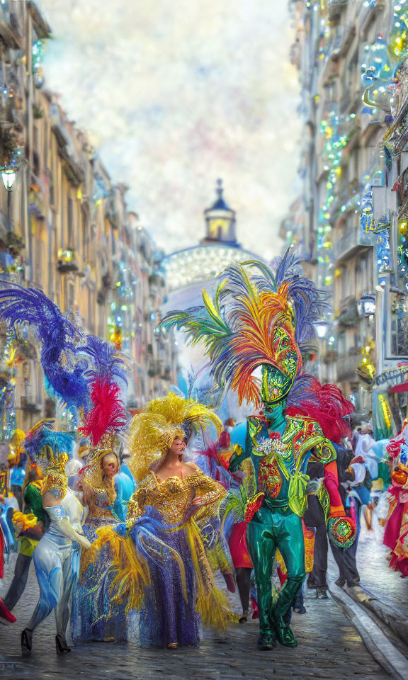 Colorful Carnival Procession with Elaborate Costumes and Feathered Headdresses