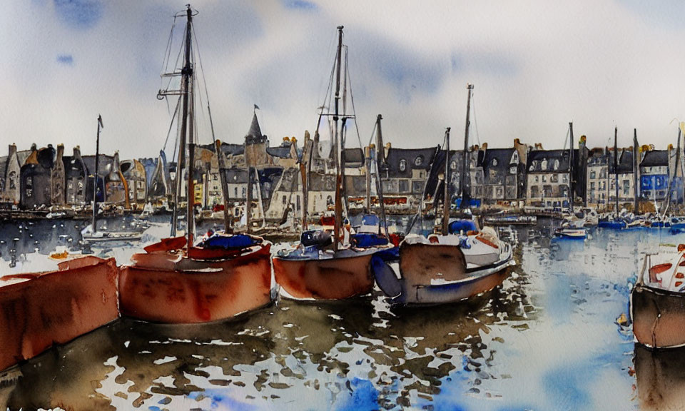 Serene harbor scene with boats and buildings in watercolor