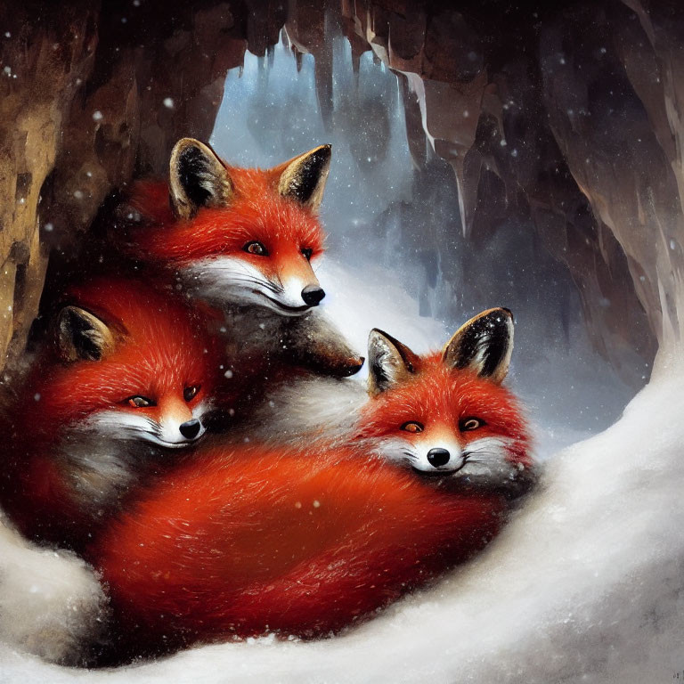 Red foxes snuggled in snowy cave with icicles, evoking warmth in winter.