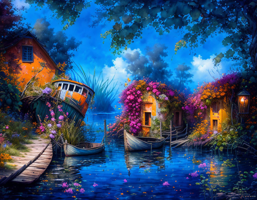 Nighttime waterside scene with boats, footbridge, and vibrant flowers.