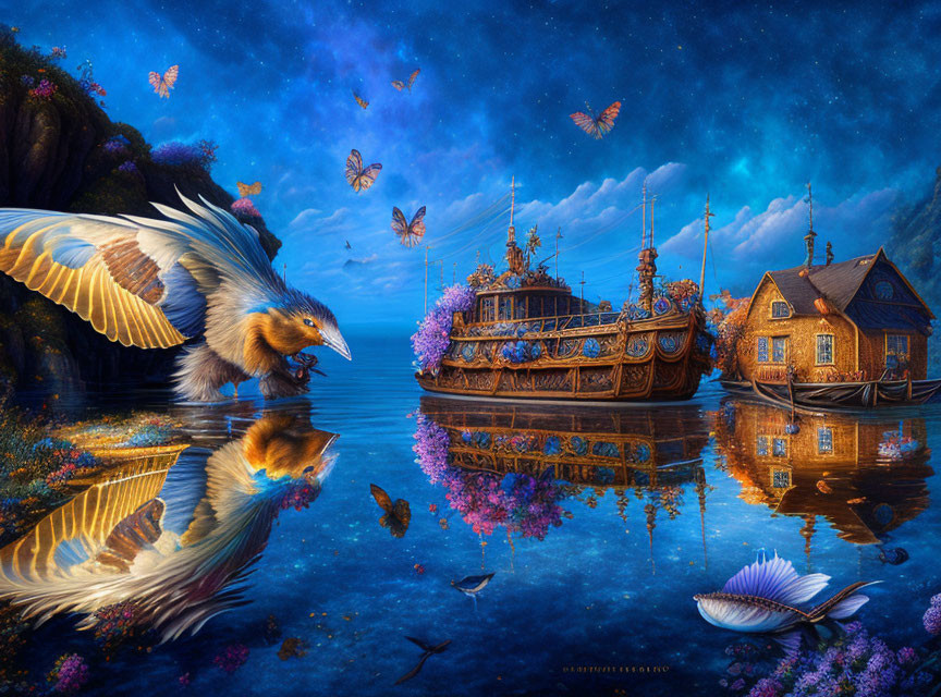 Duck flying over lake with ships, cottage, butterflies under starry sky