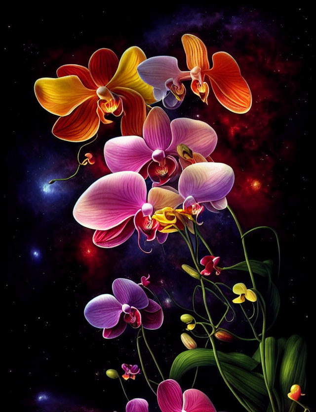 Colorful Orchids Against Cosmic Background with Stars