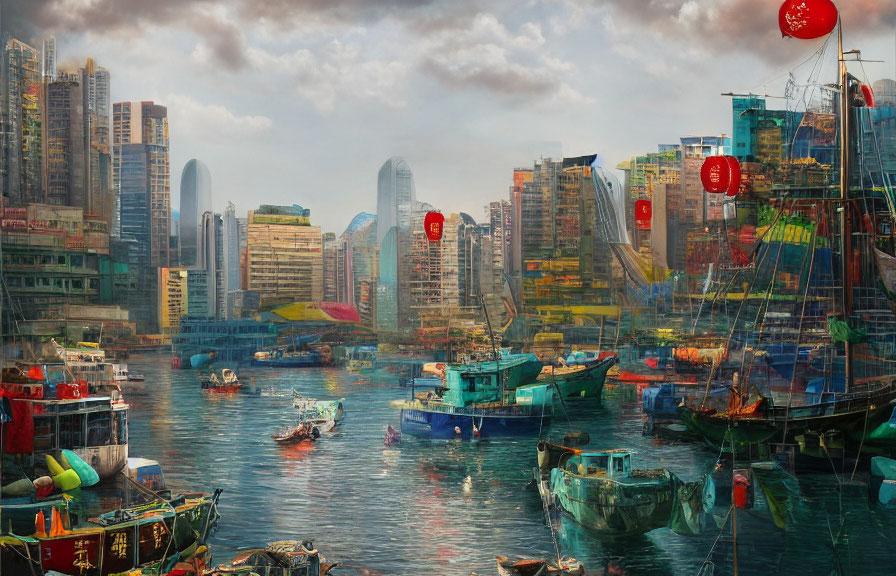 Colorful boats in bustling harbor with cityscape and red lanterns