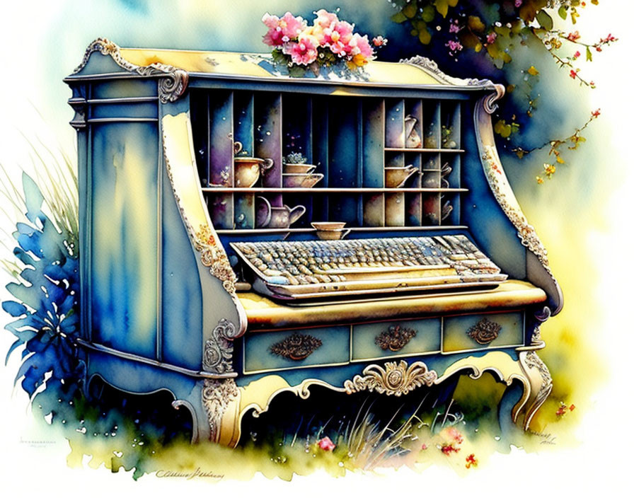 Whimsical vintage piano with floral decor and teacup keys