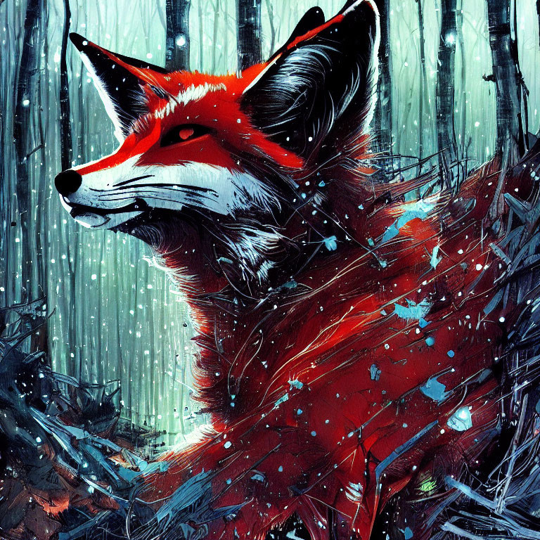 Colorful Illustration of Red Fox in Snowy Forest with Falling Snowflakes