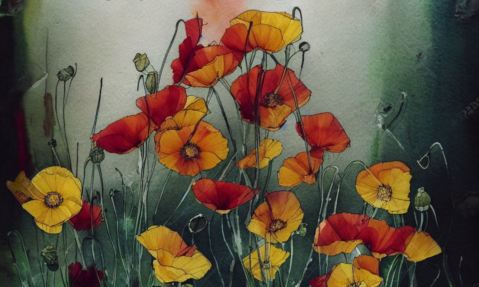 Vibrant Red and Yellow Poppies on Textured Green and Black Background