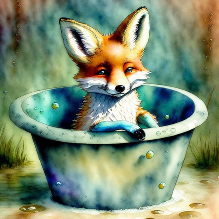 Illustration of Cute Fox in Blue Tub with Bubbles and Watercolor Textures