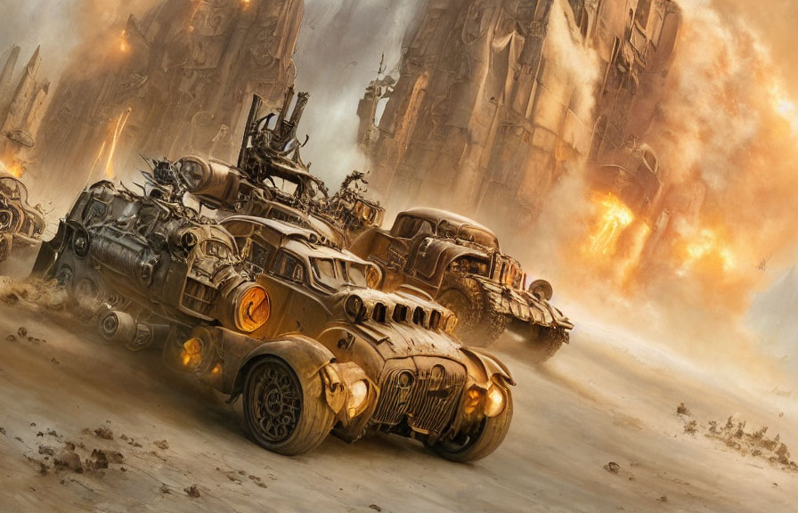 Post-apocalyptic convoy races through desert with explosion