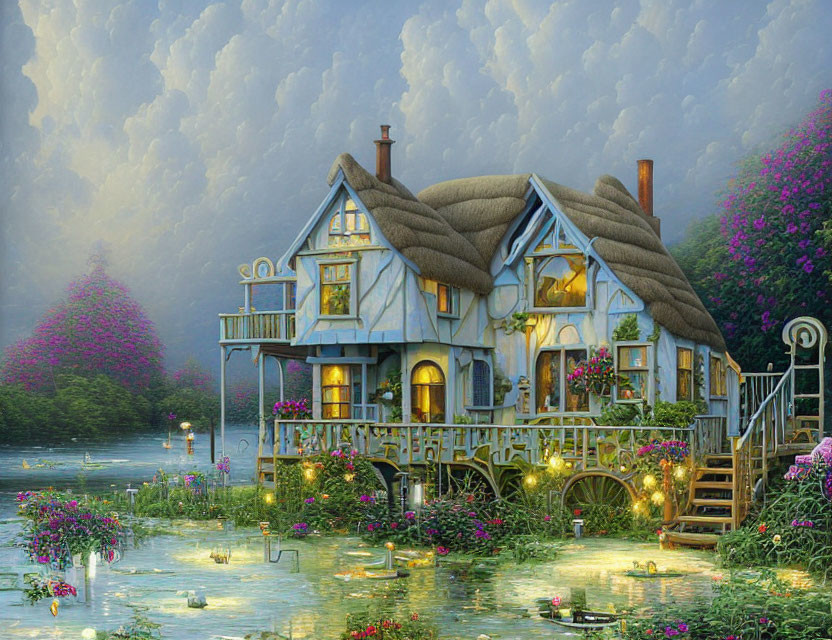 Cozy Cottage by Waterway with Lush Flora and Warm Lights