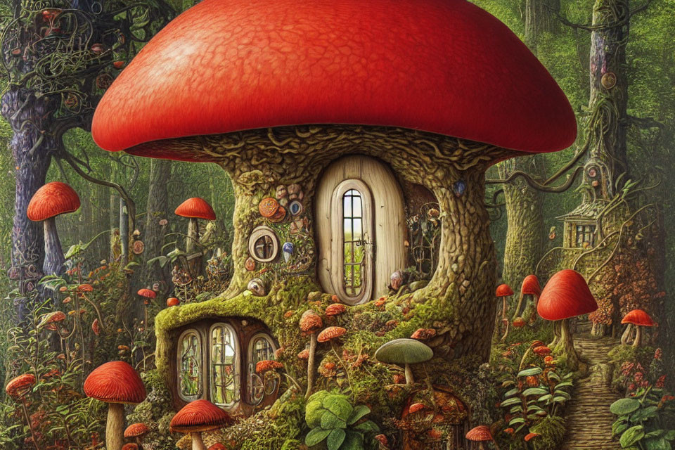 Illustration of whimsical tree stump house in forest