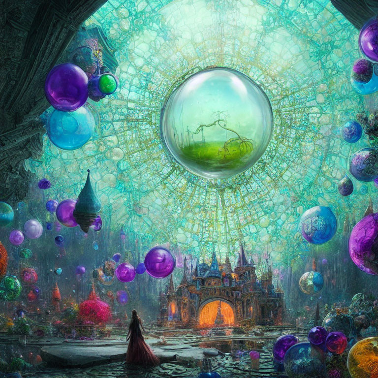 Person in red cloak in ornate hall with floating colorful spheres and castle-like structure.