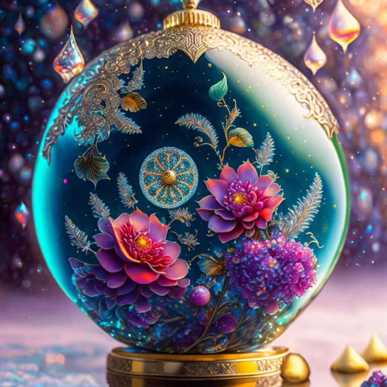 Blue Christmas Bauble with Gold Accents and Peacock Motif on Bokeh Background