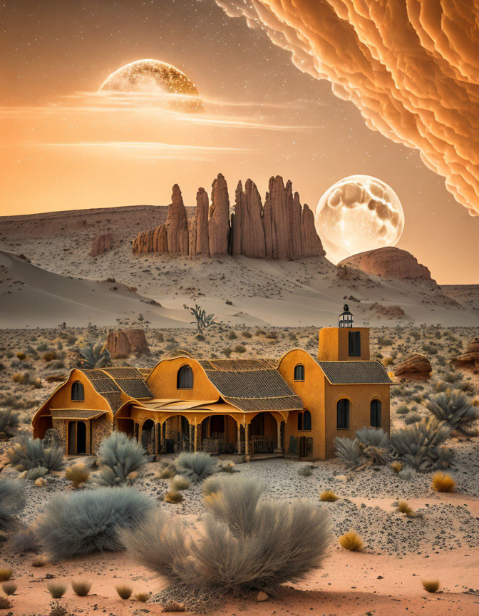 Surreal desert landscape with yellow house and celestial bodies