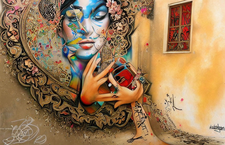 Colorful street art mural featuring woman with patterned face and heart object