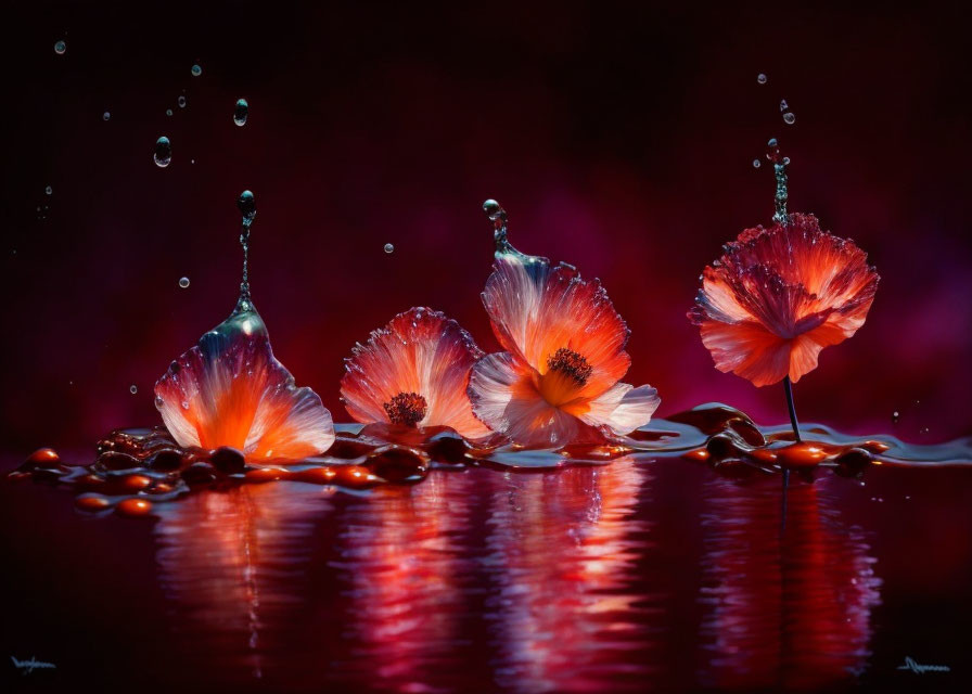 Vibrant red poppy flowers with water droplets on dark reflective background