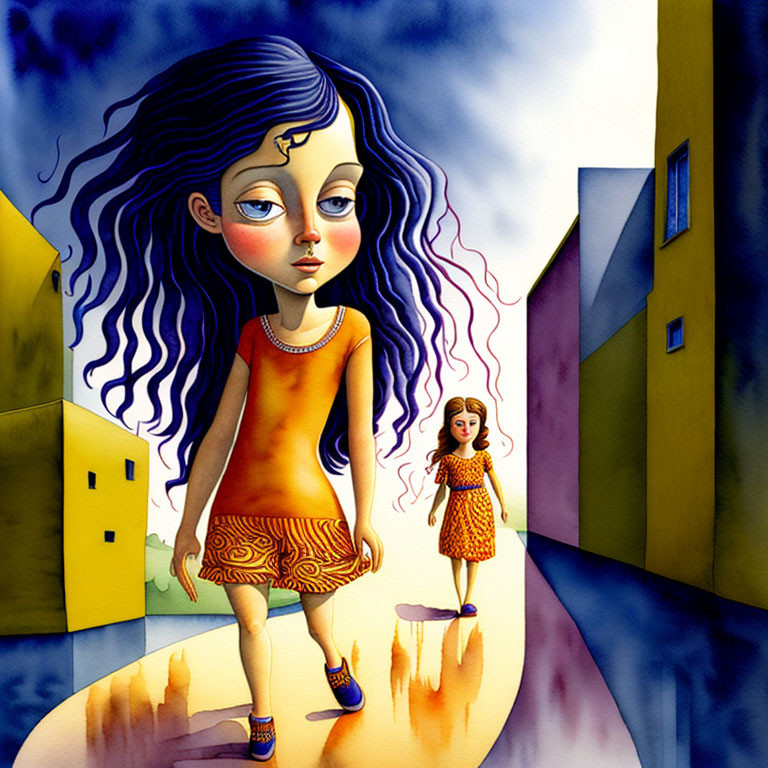 Surreal illustration of large-eyed girl in blue wavy hair walking in cityscape