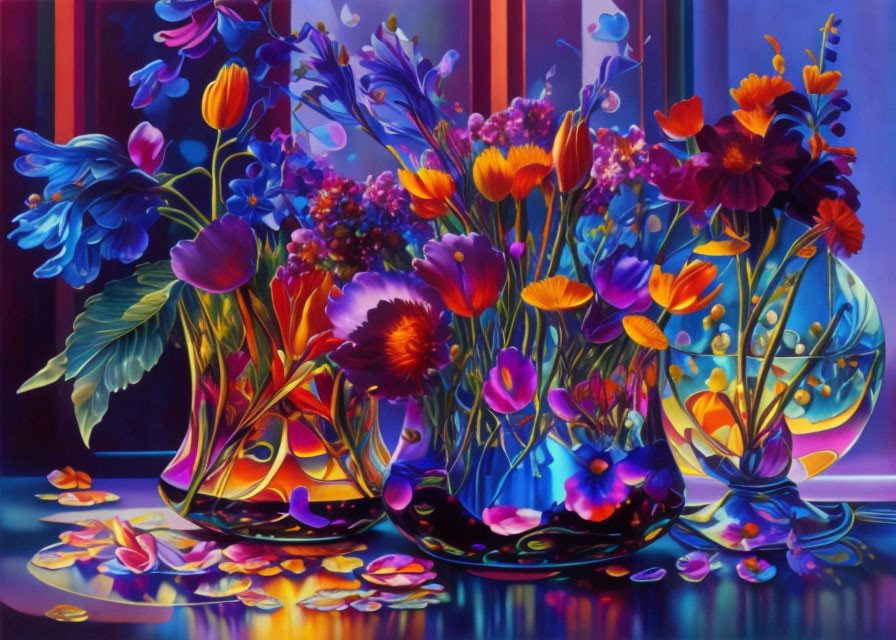 Colorful Flower Paintings with Glass Vases and Reflective Surface