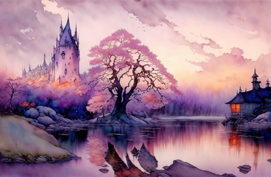 Fantastical landscape watercolor painting with castle, tree, and pink sky