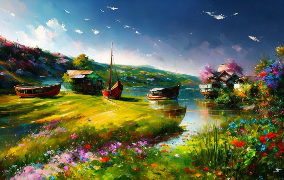 Colorful riverside painting with boats, flowers, greenery, houses, and sky