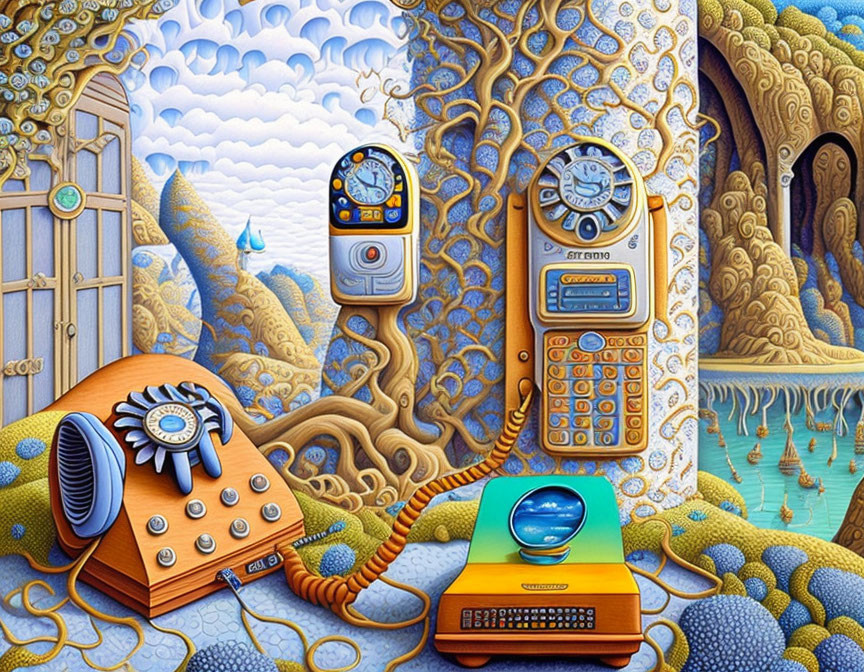 Surreal artwork: vintage telephones, blue clouds, wavy trees, water, intricate patterns