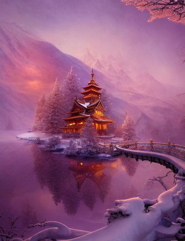 Traditional Pagoda Illuminated by Lake in Snowy Twilight