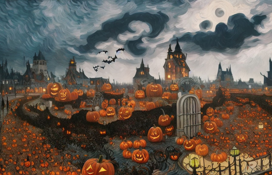 Spooky Halloween landscape with carved pumpkins, ghostly sky, bats, gate, and eerie buildings