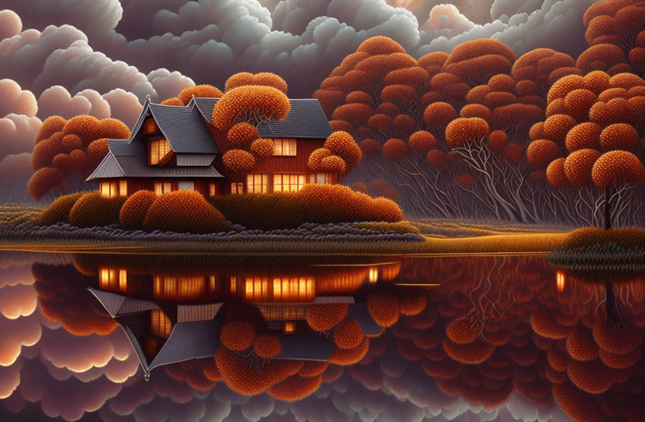 Twilight scene: House by lake with reflection, autumn trees, cloudy sky.