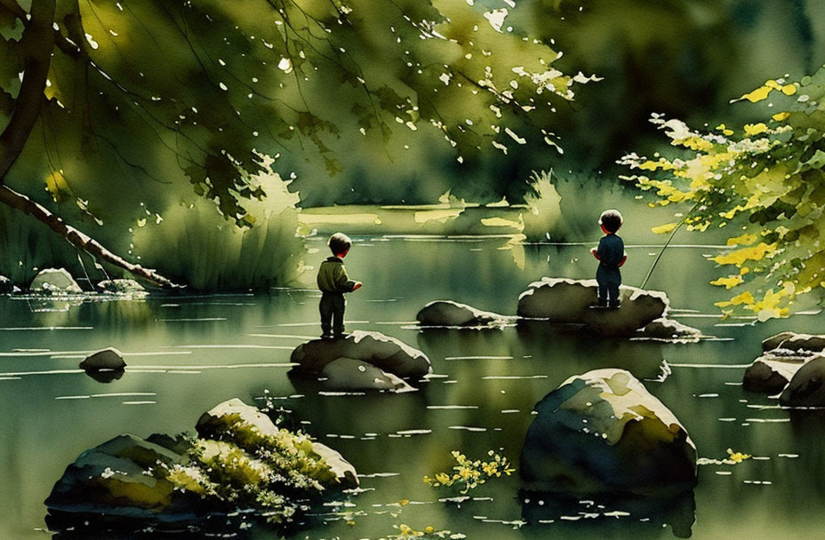 Tranquil forest stream with two individuals fishing among lush greenery