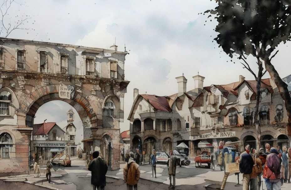 Watercolor painting of bustling European town square