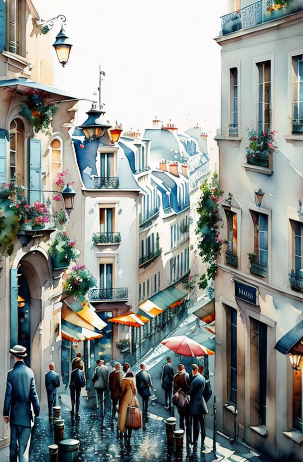 Colorful street scene with people and buildings under blue sky