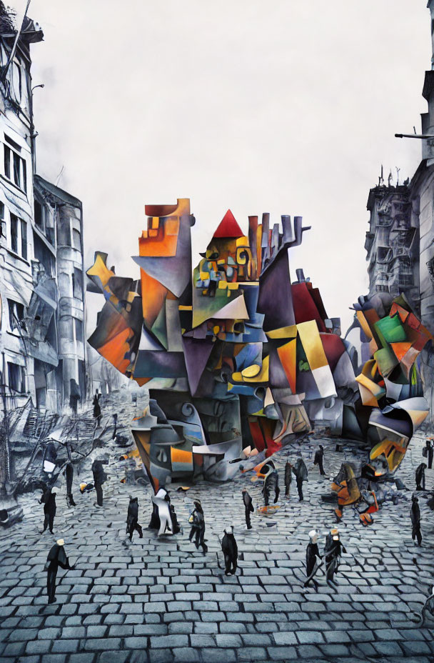 Vibrant surrealistic painting: bustling street scene with abstract geometric structure.