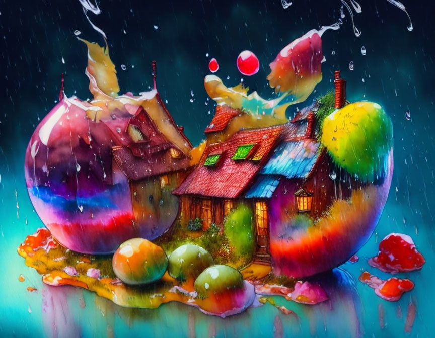 Vibrant fruit-shaped house illustration under stormy sky