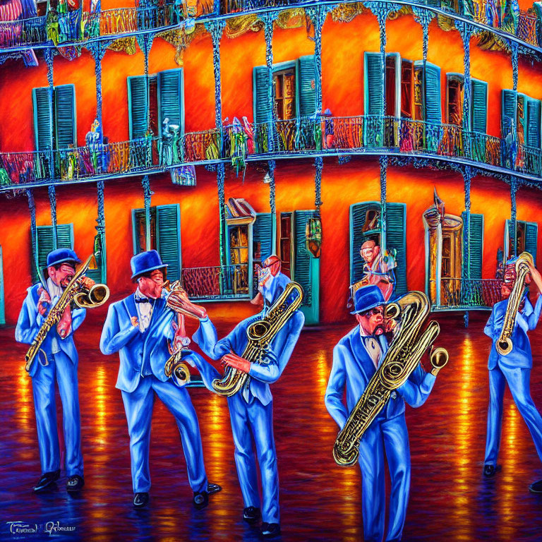 Colorful painting of jazz musicians playing trombones and saxophone on vibrant street scene