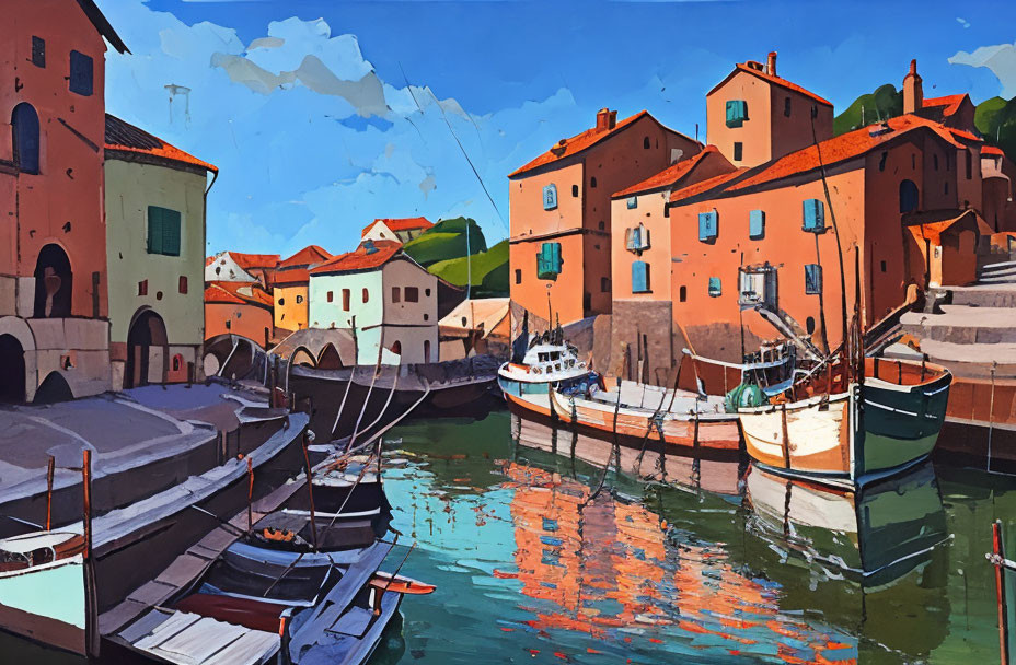 Vibrant painting of boats in European harbor