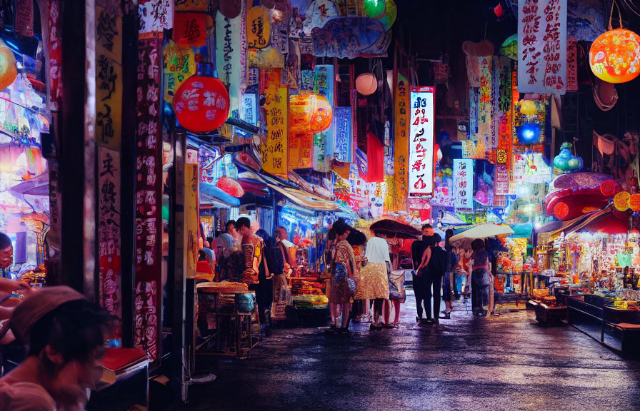 Vibrant Night Market Scene with Lanterns and Stalls