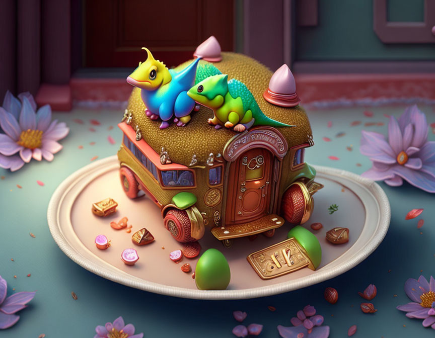 Colorful fantasy caravan with vibrant dragons, sweets, and flowers.