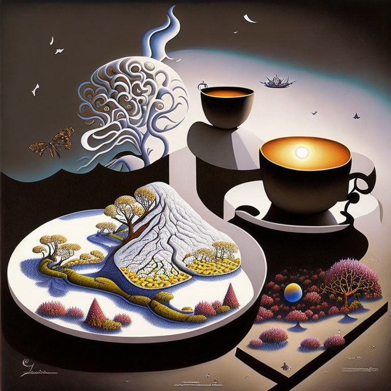 Surreal Landscape Breakfast Scene with Steaming Brain and Butterflies