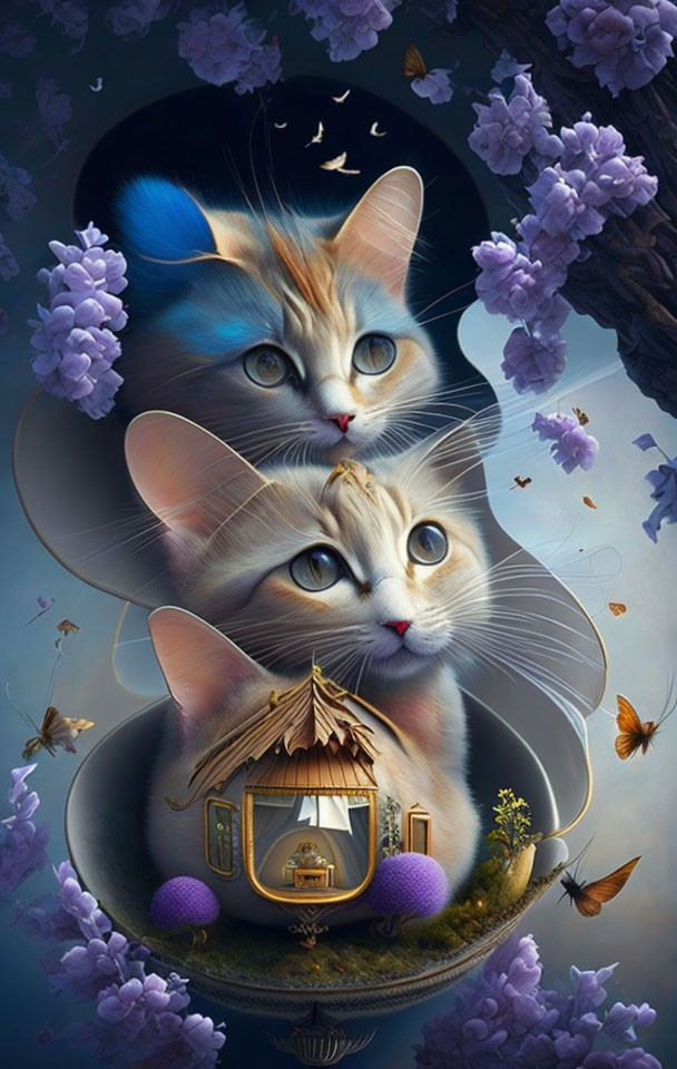 Surreal cat illustration with heart-shaped ears, flowers, butterflies, and cozy house