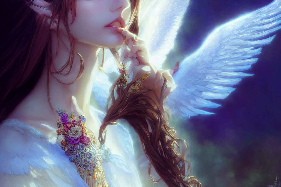 Angel with Large White Wings and Ornate Accessories, Lost in Thought