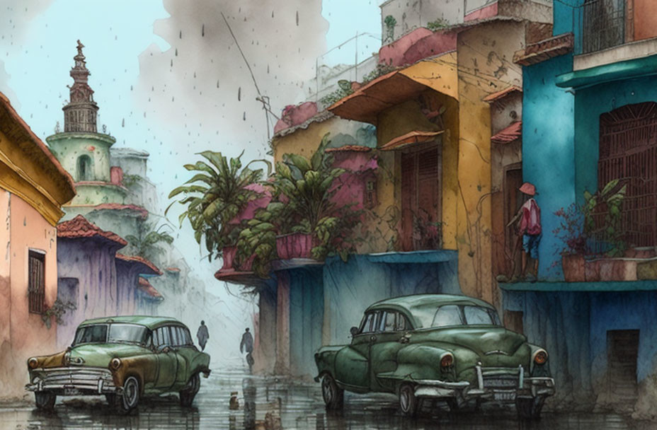 Vintage cars and buildings in colorful rain-soaked street scene.