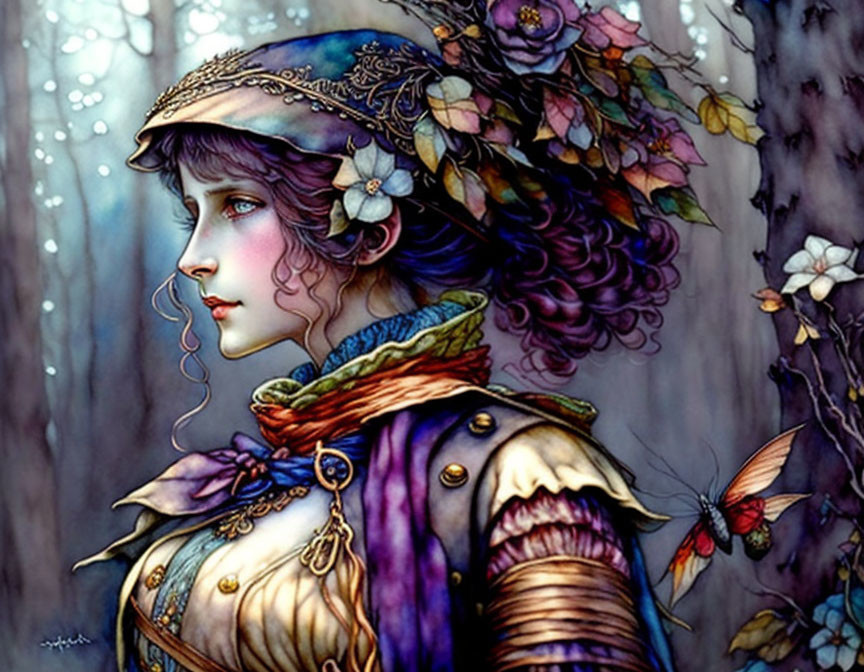 Fantasy illustration of woman with violet eyes in vintage outfit and floral headdress in enchanted forest.