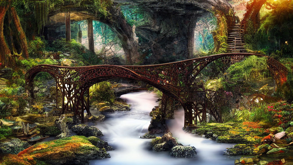 Enchanting forest landscape with river, bridge, staircase, and archway