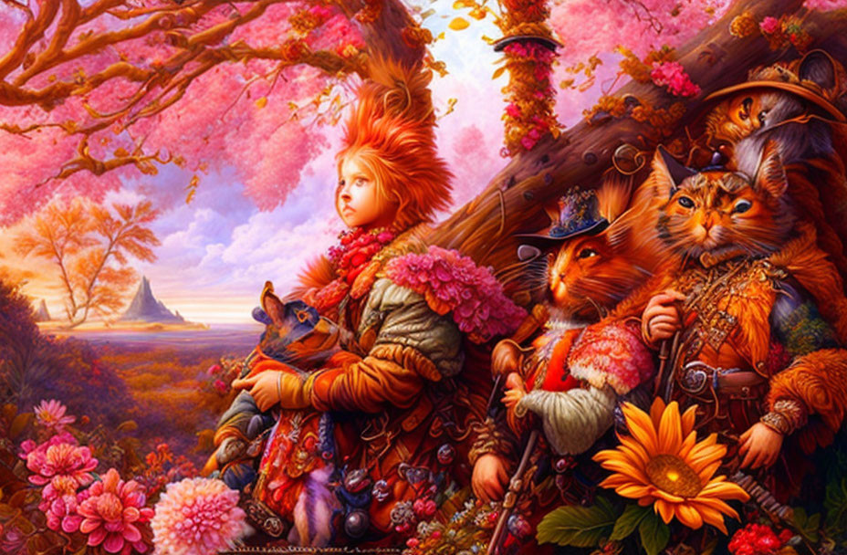 Illustration of child with orange hair beside cats under pink tree at sunset