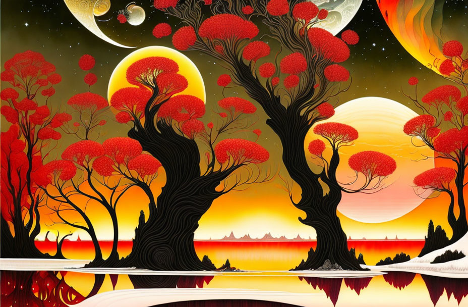 Vibrant red trees, moons, planets in fantasy landscape